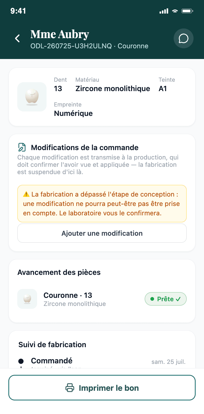 Application mobile Opal — suivi d'une commande pièce par pièce