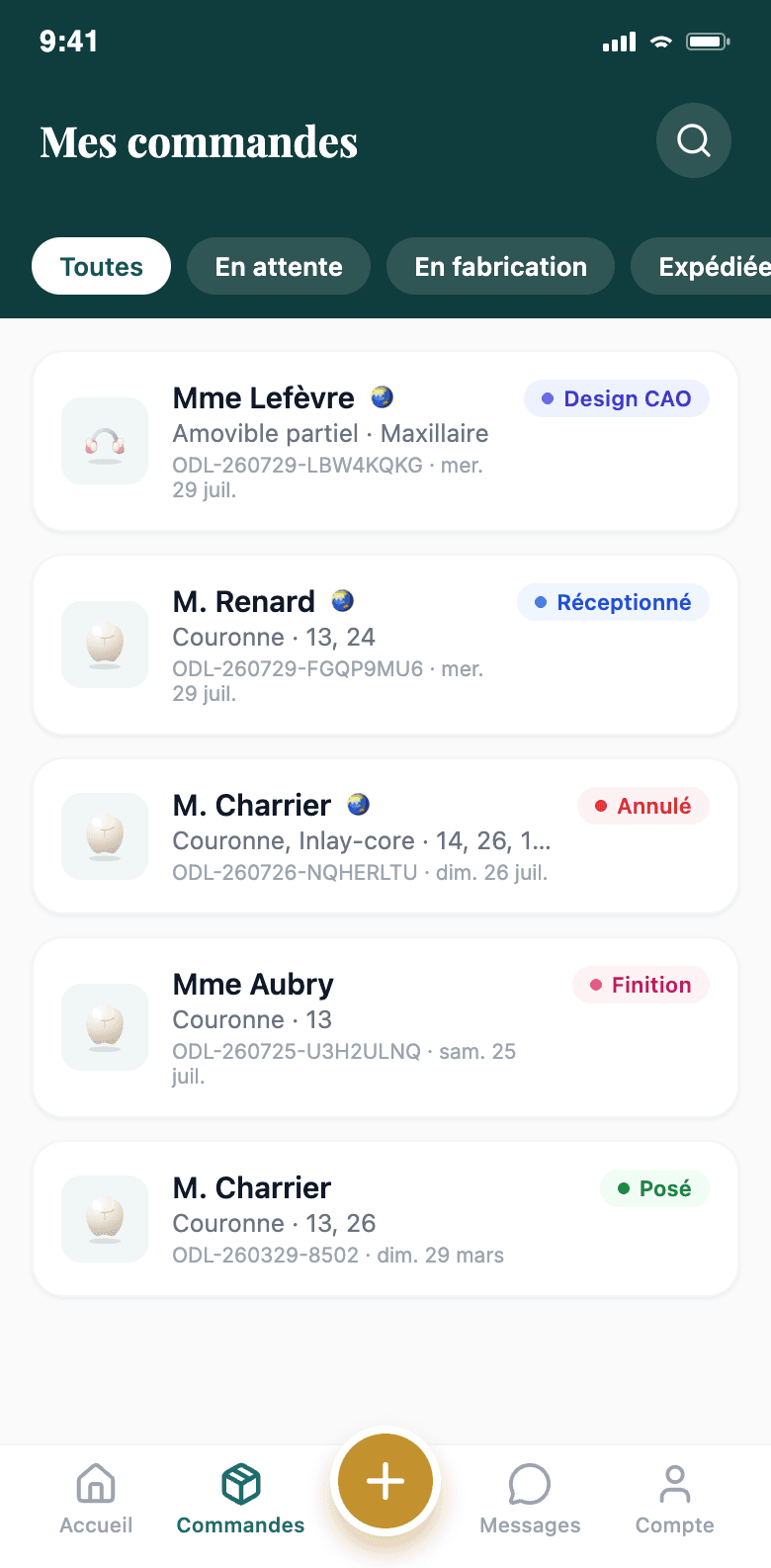 Application mobile Opal — liste des commandes en cours