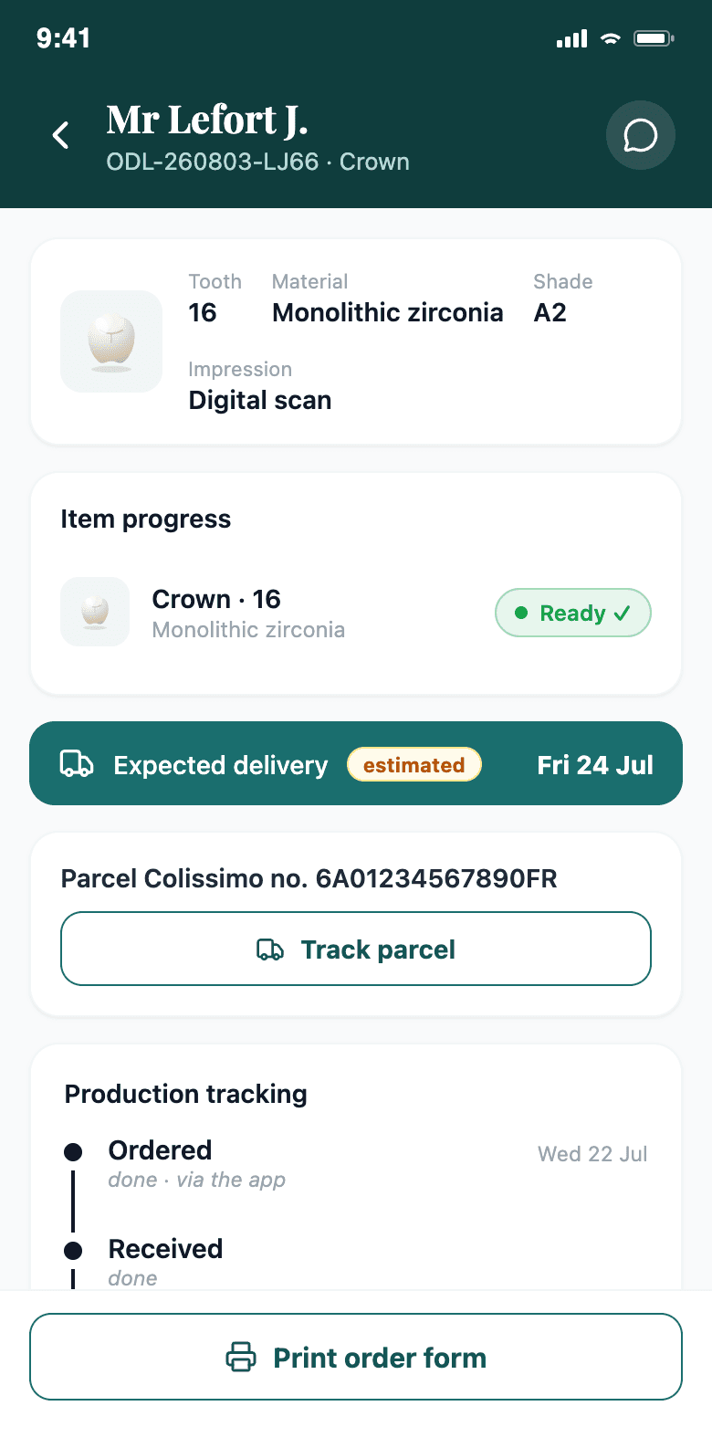 Opal mobile app — tracking an order piece by piece